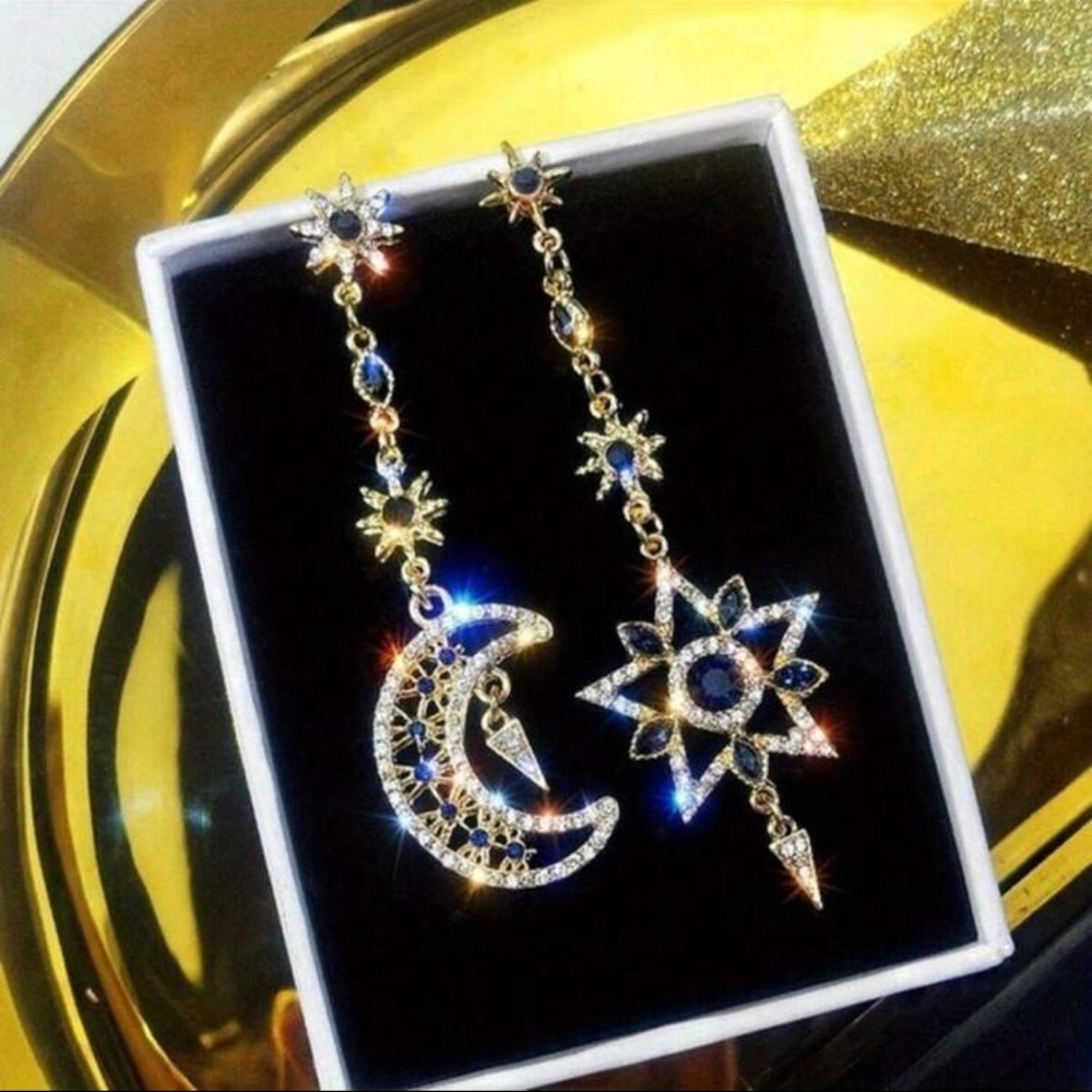 Gold and Blue Celestial Earrings, Moon and Star Earrings, Star and Moon